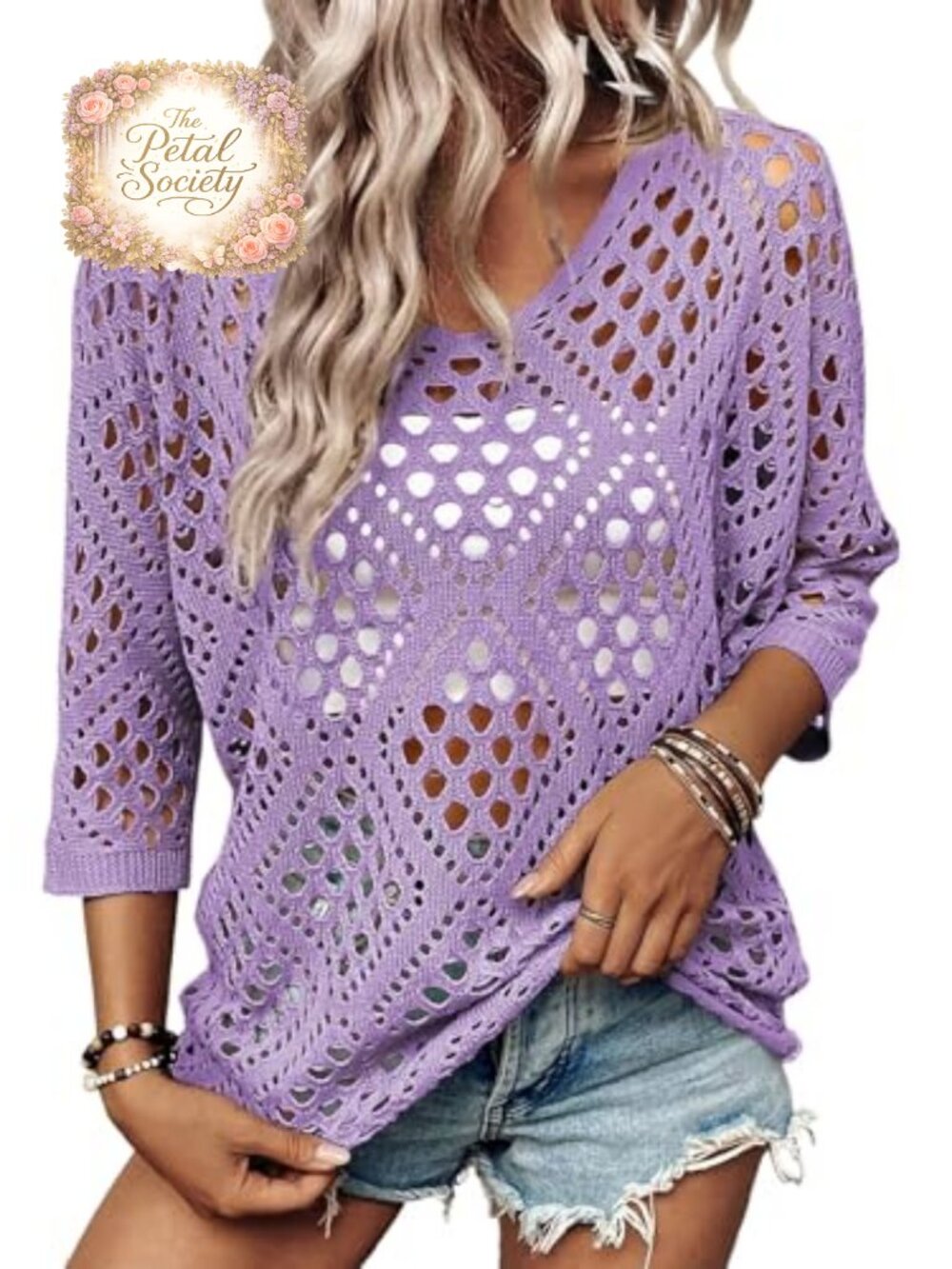 Women's Crochet Knit Sweater Hollow Out V Neck 3/4 Sleeve Pullover Beach Cover